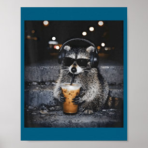 Póster Mapache Lindo Bebiendo Café Helado Divertido