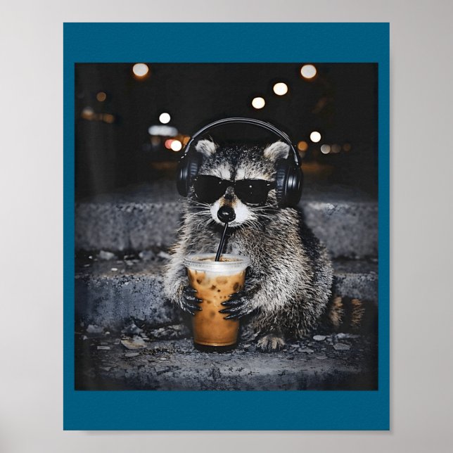 Póster Mapache Lindo Bebiendo Café Helado Divertido (Frente)