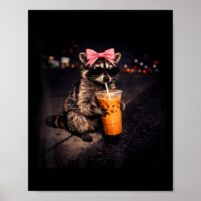 Póster Mapache lindo bebiendo café helado mapache diverti (Frente)