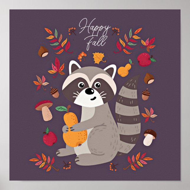 Póster Mapache otoñal lindo con texto personalizado  (Frente)