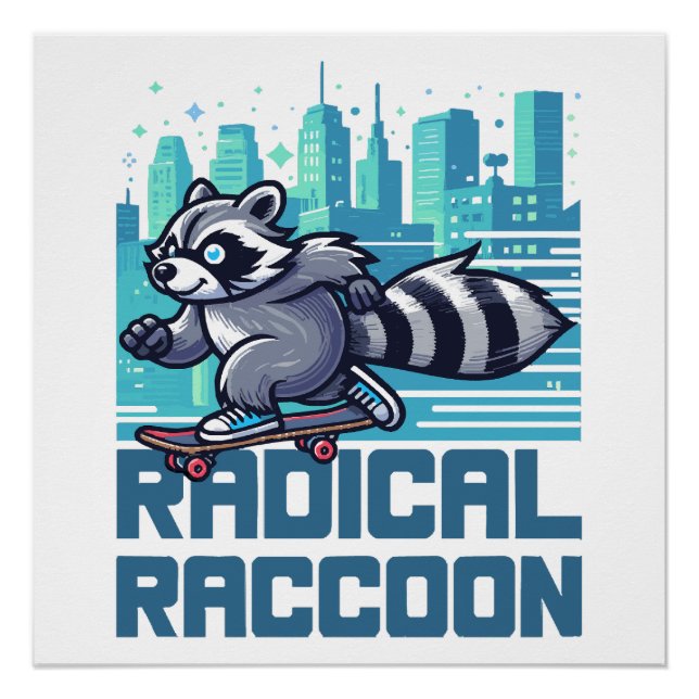 Póster Mapache Radical Urbano Skateboarder (Anverso)