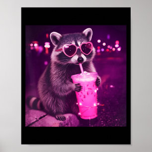 Póster Mapache rosa divertido bebiendo café helado - lind