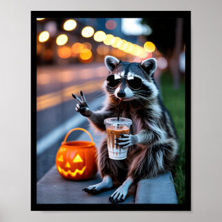 Póster Mapache salvaje bebiendo café helado halloween