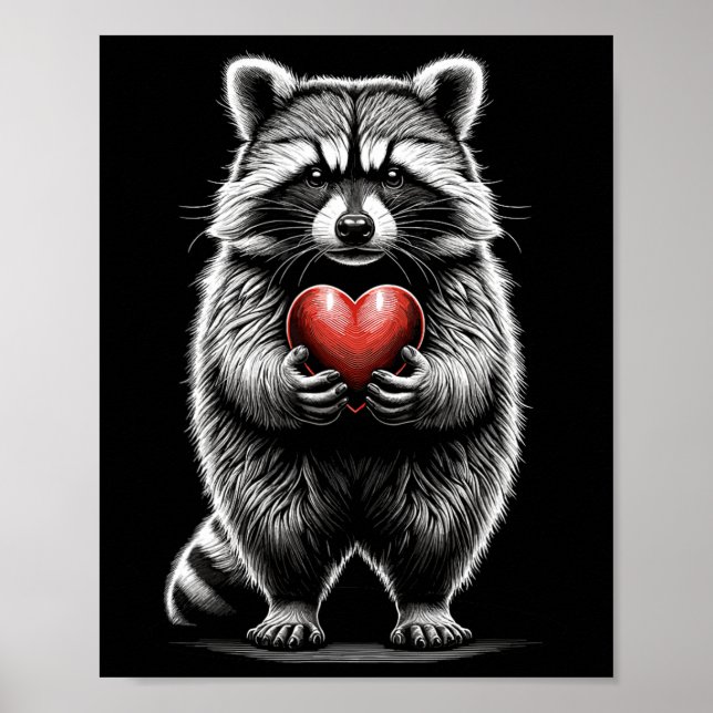 Póster Mapache sosteniendo corazón Día de San Valentín Cu (Frente)