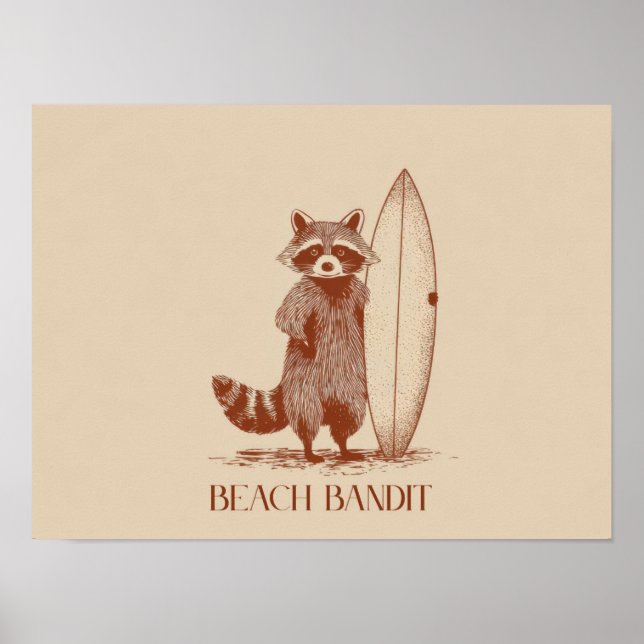 Póster Mapache Surfista Bandido de Playa – Divertido Vint (Frente)