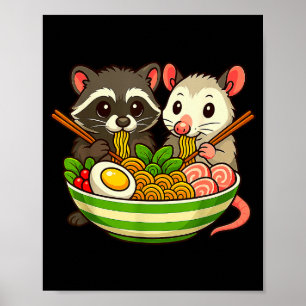 Póster Mapache y zarigüeya comiendo fideos Ramen 