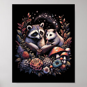 Póster Mapache zarigüeya floral amante de los libros Cott