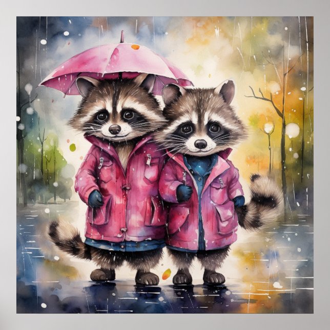 Póster Mapaches Lindos bajo la Lluvia (Frente)