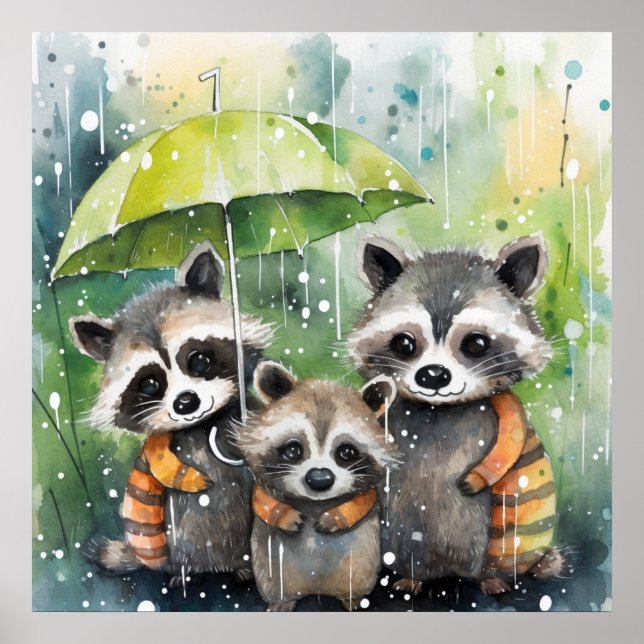 Póster Mapaches Lindos en la Lluvia (Frente)