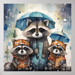 Póster Mapaches Lindos en la Lluvia