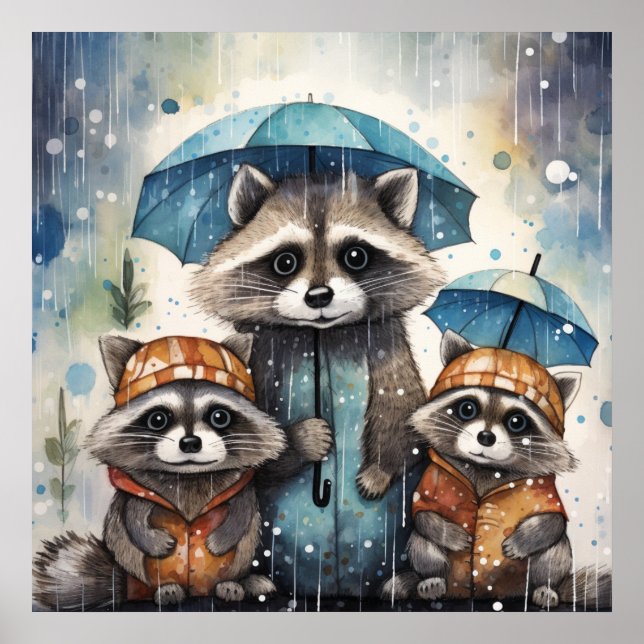 Póster Mapaches Lindos en la Lluvia (Frente)