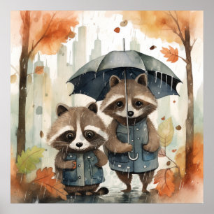 Póster Mapaches Lindos en la Lluvia