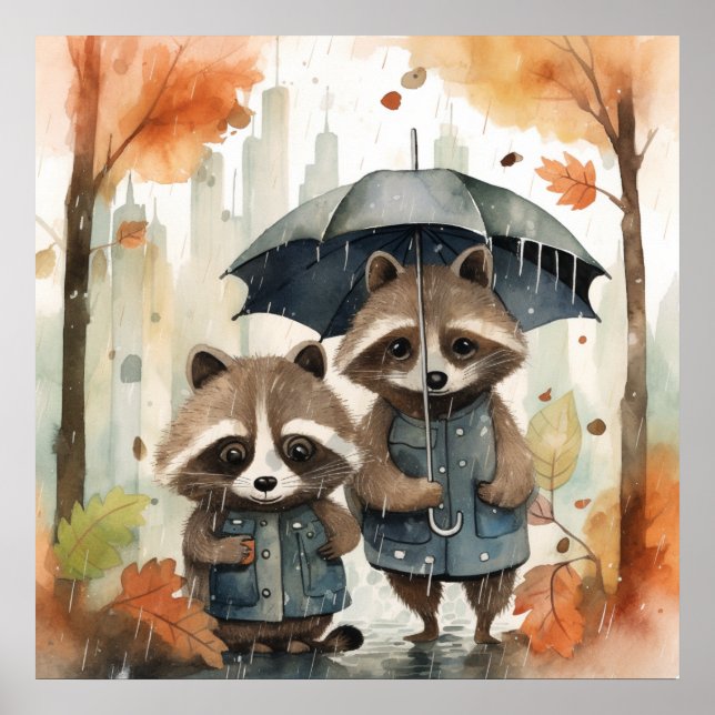 Póster Mapaches Lindos en la Lluvia (Frente)
