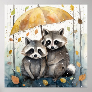 Póster Mapaches Lindos en la Lluvia