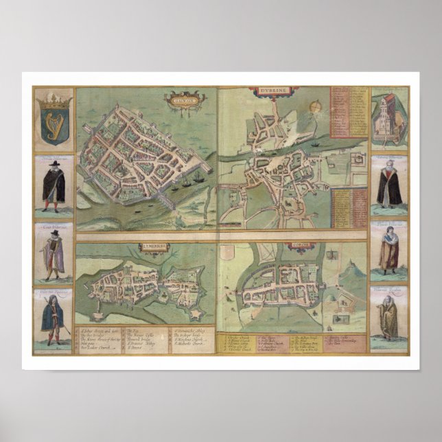 Póster Mapas de Galway, Dublín, Limerick y Cork, de ' (Frente)