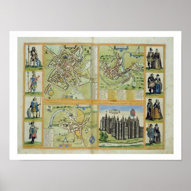 Póster Mapas de York, Shrewsbury, Lancaster y Richmond, (Frente)