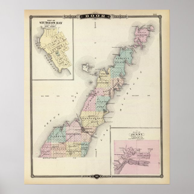 Póster Mapas del condado de Door, Sturgeon Bay y Jenny (Frente)