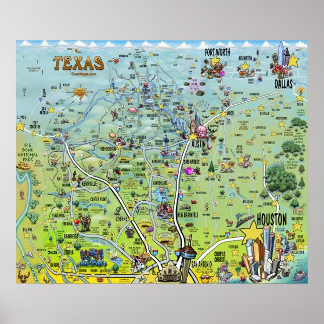 Póster Mapas divertidos de Texas (Frente)