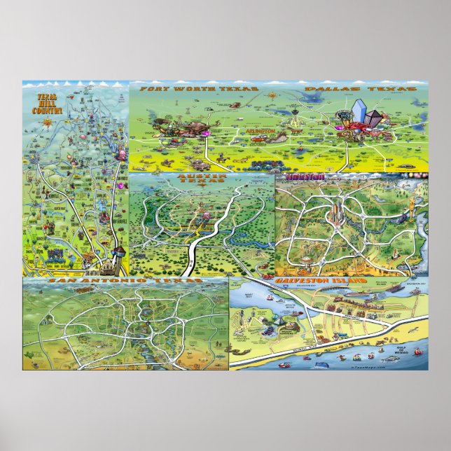 Póster Mapas divertidos de Texas (Frente)