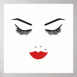 Póster Maquillaje de Belleza Cara Pestañas y Labios Rojos