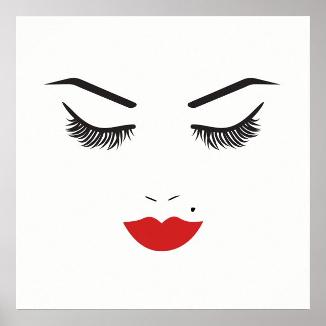 Póster Maquillaje de Belleza Cara Pestañas y Labios Rojos (Frente)