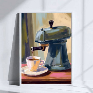 Póster Máquina de café antigua Latte Acuarela