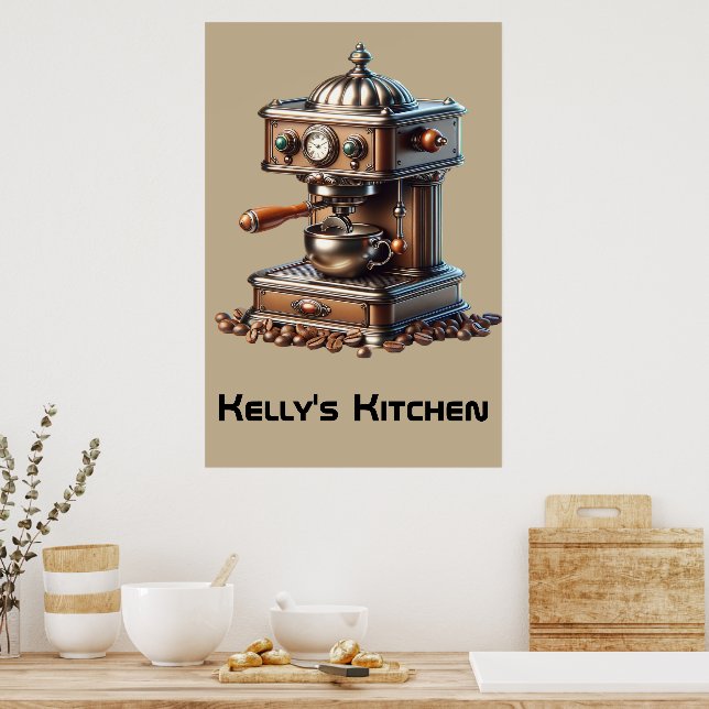 Póster Máquina de café de época con nombre personalizado (Cocina)
