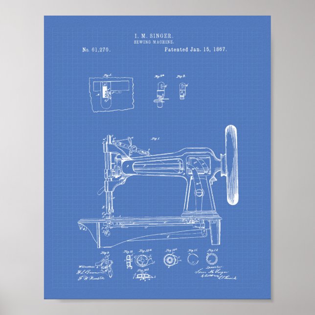 Póster Máquina de coser 1867 Patent Art Blueprint (Frente)