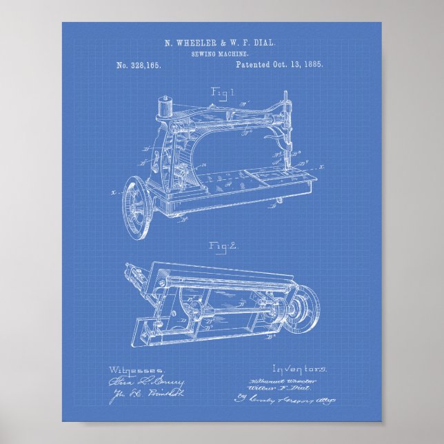 Póster Máquina de coser 1885 Patent Art - Blueprint (Frente)