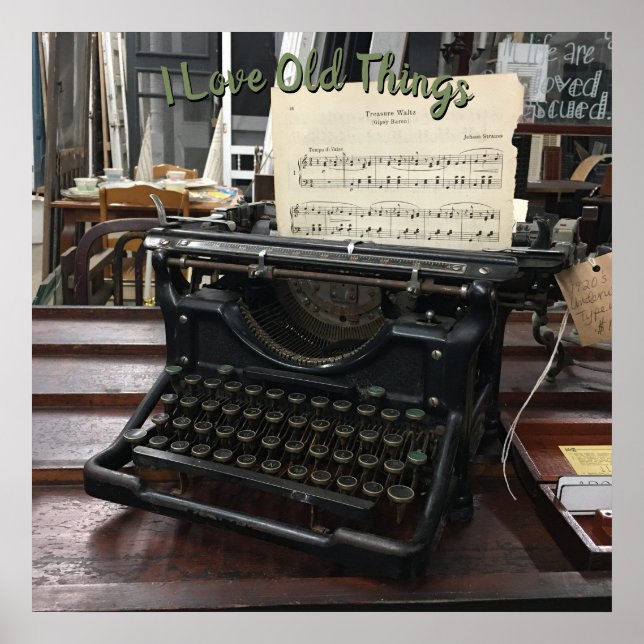 Póster Máquina de escribir antigua y música de hojas (Frente)