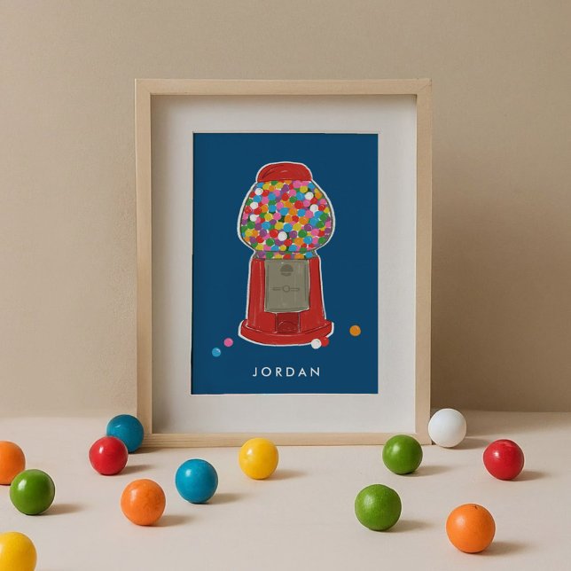 Póster Máquina de Gumballos Rojos Candy Bubble Gum Person (Red retro gumball candy machine blue personalized kids art print.)
