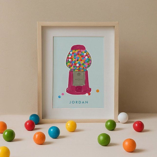 Póster Máquina de Gumballos rosados Candy Bubble Gum Pers (Pink retro gumball candy machine mint blue personalized kids art print.)