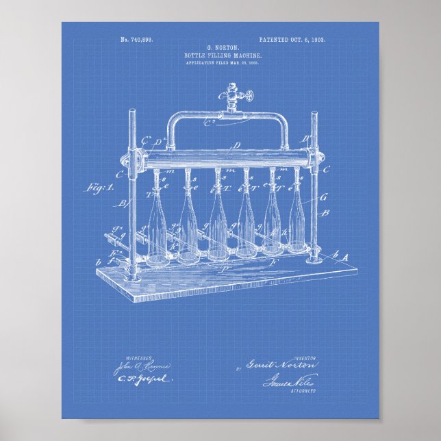 Póster Máquina de relleno de botellas 1903 Patent Art Blu (Frente)