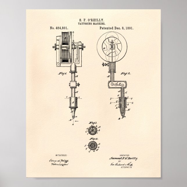 Póster Máquina Tattooing 1891 Patent Art Old Peper (Frente)