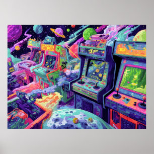Póster Máquinas Retro de Arcade en el Espacio