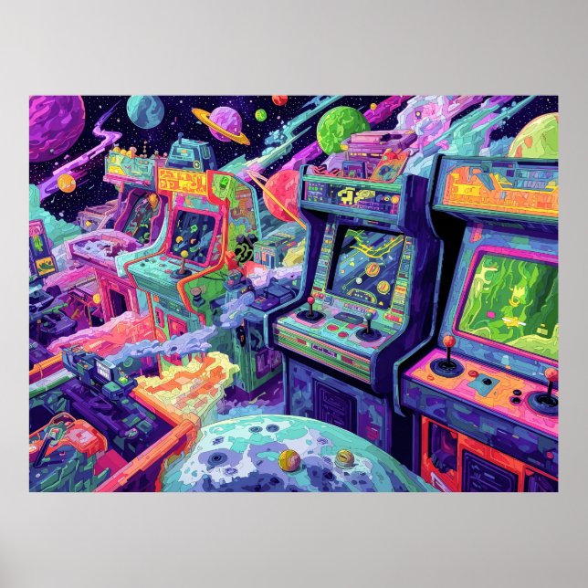 Póster Máquinas Retro de Arcade en el Espacio (Frente)