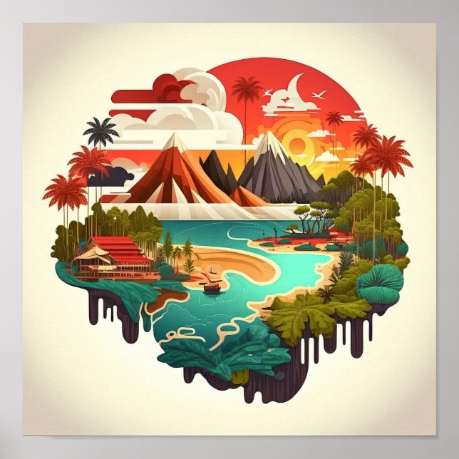 Póster Mar de islas tropicales con volcanes (Frente)