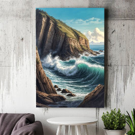 Póster Mar de las olas del Océano Azul Marrón Cliffside