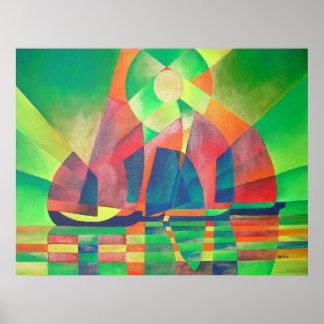 Póster Mar de Verde con basura abstracta cubista