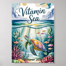 Póster Mar de Vitaminas Acuarela Tortuga Marina Bajo el A