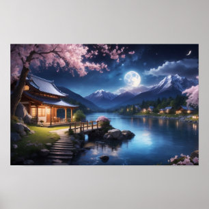 Póster Maravillosa vista Sakura Cherry Blossom de noche