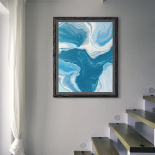 Póster Marble de arte fluido azul y blanco