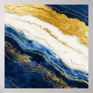 Póster Marble de hojas de oro y azul de la marina de lujo