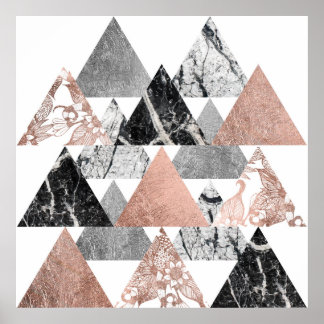 Póster Marble Rose Gold Silver and Floral Geo Triangles