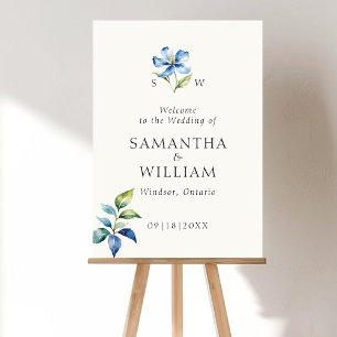 Póster Marca de bienvenida del Boda de flores azul acuare
