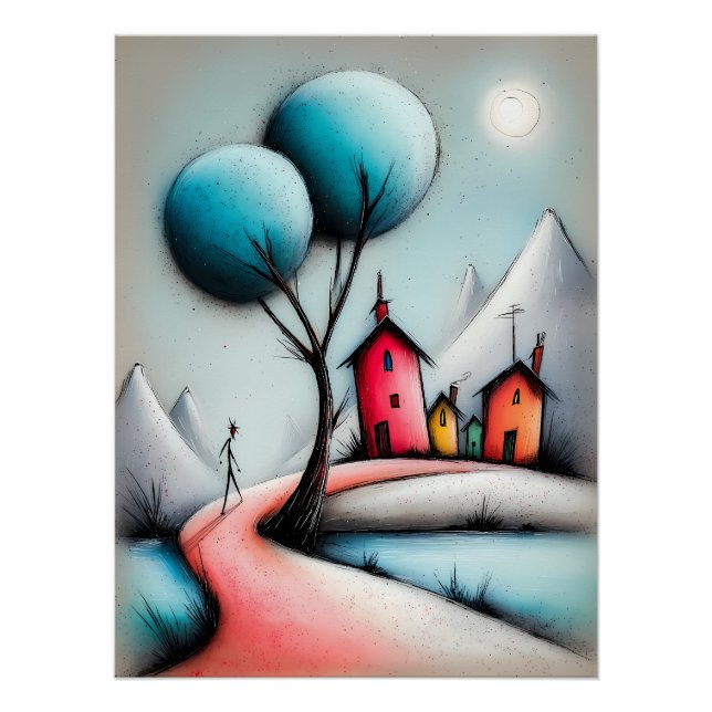 Póster Märchenhafte Cartoon Landschaft mit Weg und Häuser (Anverso)