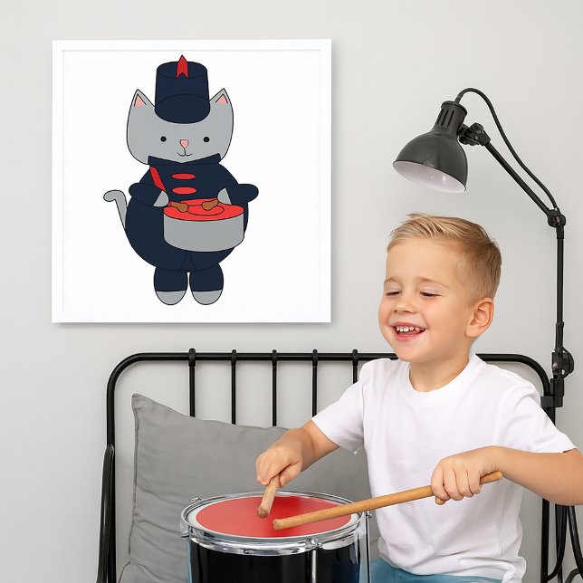 Póster Marching Band Cat Snare Drum Red Navy Blue (A poster featuring a cute gray cat playing the drums in a navy blue & red marching band uniform.)