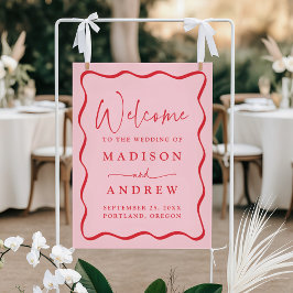 Póster Marco de bienvenida de boda ondulado rosa y rojo m