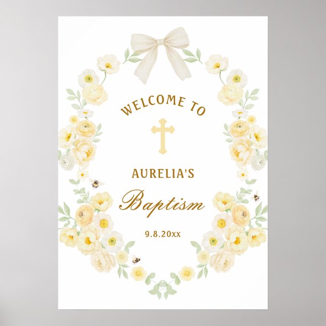 Póster Marco de flores amarillas arco bienvenida Bautizo (Frente)