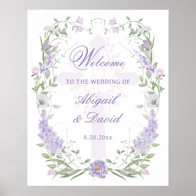 Póster Marco de Lila Floral Bienvenida Religiosa Boda (Frente)